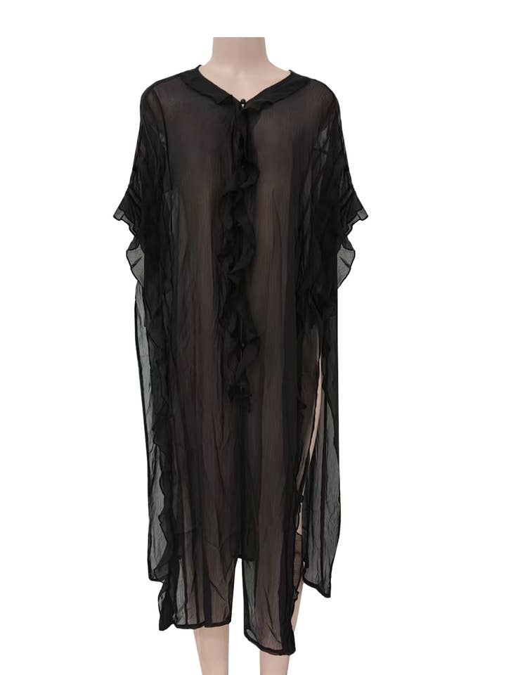 Rosa Clothing - Wholesale Jacket - Women's - Boho lightweight sheer ruffle maxi top duster kimono jacket24