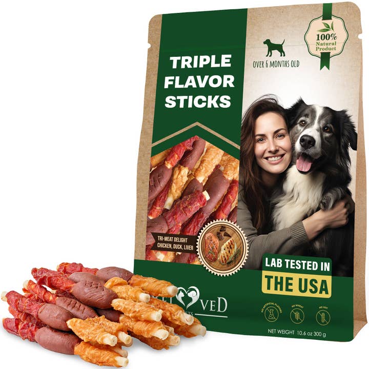 Triple Flavor Dog Rawhide Treats - Duck & Chicken Human Grade Meat - Natural Pet Dried Snacks - Grain Free Long Lasting Chews for Large & Small Dogs - Best Sticks for Healthy Teeth for wholesale by Beloved Pets