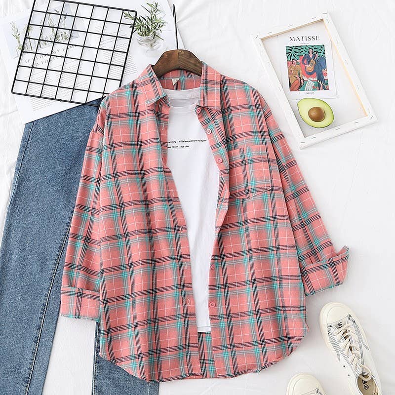 Rosa Clothing - Wholesale Button Down Shirt - Women's - Essential Basic Relaxed plaid cotton blend button-down shirt10