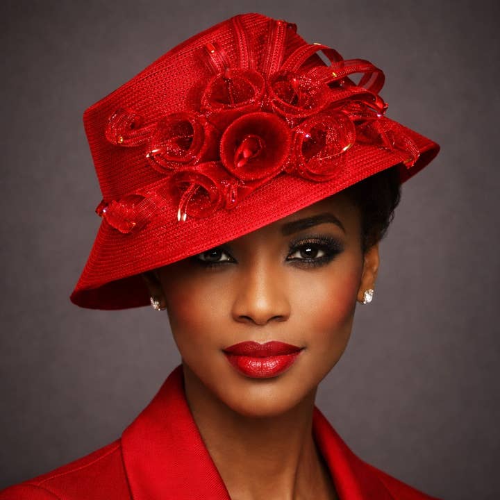 T025 - Women’s Red Dress Hat with Sculpted Rosette Detail for wholesale by Maspros