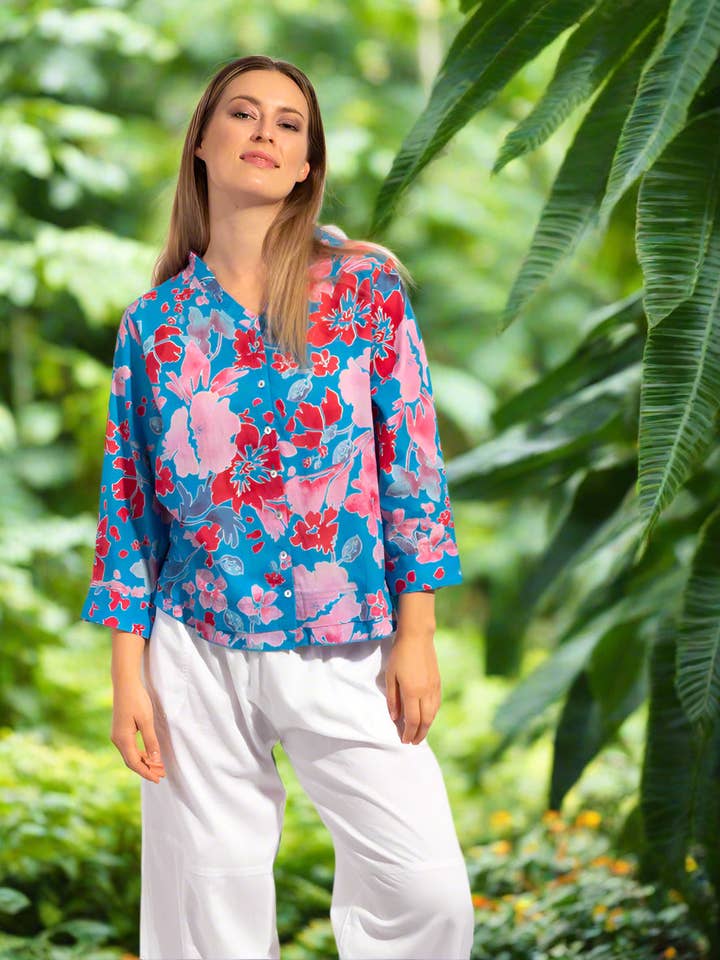 Capricorn Cotton Shirt In Blue Red Print for wholesale by Mozaic by Euro Dreaming