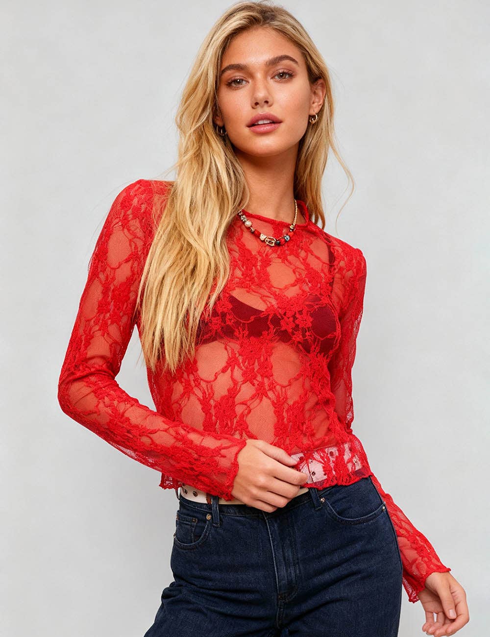 Sweetkama - Wholesale Blouse - Dames - Dames Bloemen Kant Blouse Transparante Laagjes Top SKT410189