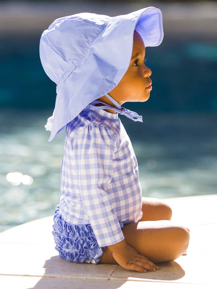 Baby Girls Periwinkle Blue Gingham Long Sleeve One Piece Rash Guard Swimsuit with Signature Rear Ruffles
for wholesale on Faire