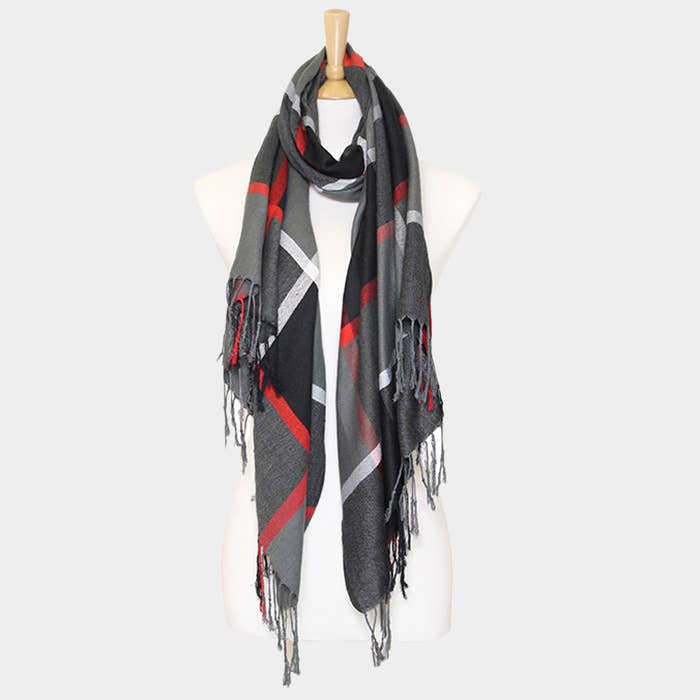 Wona Trading, Inc. - Wholesale Scarf - Women's - Oblong Plaid Tassel Scarf