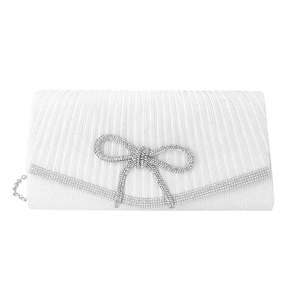 Sensibling Corp. - Wholesale Clutch Bag - Women's - Rhinestone Studded Bow Accent Pleated Evening Crossbody Clutch Bag5