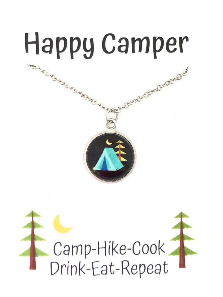 Happy Camper Blue Tent Photo Glass Necklace for wholesale by Dreamspirit
