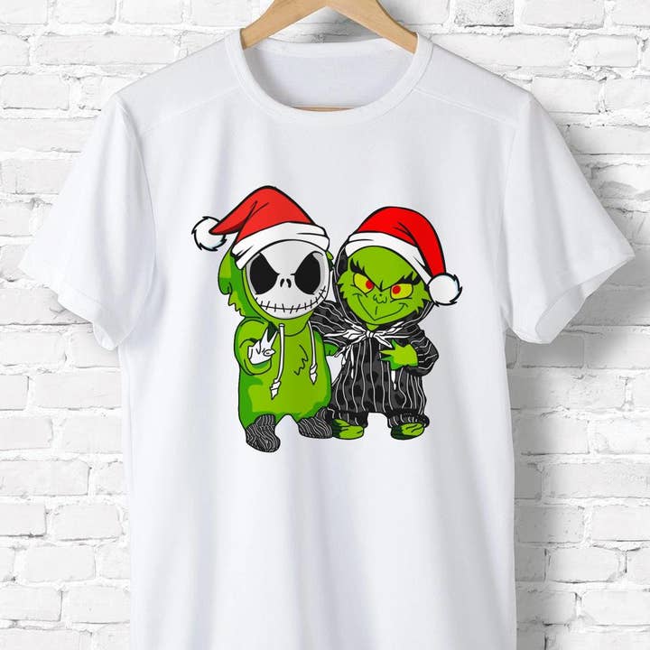 White Jack Skellington & Grinch Santa Shirt, Christmas Shirt for wholesale on Faire