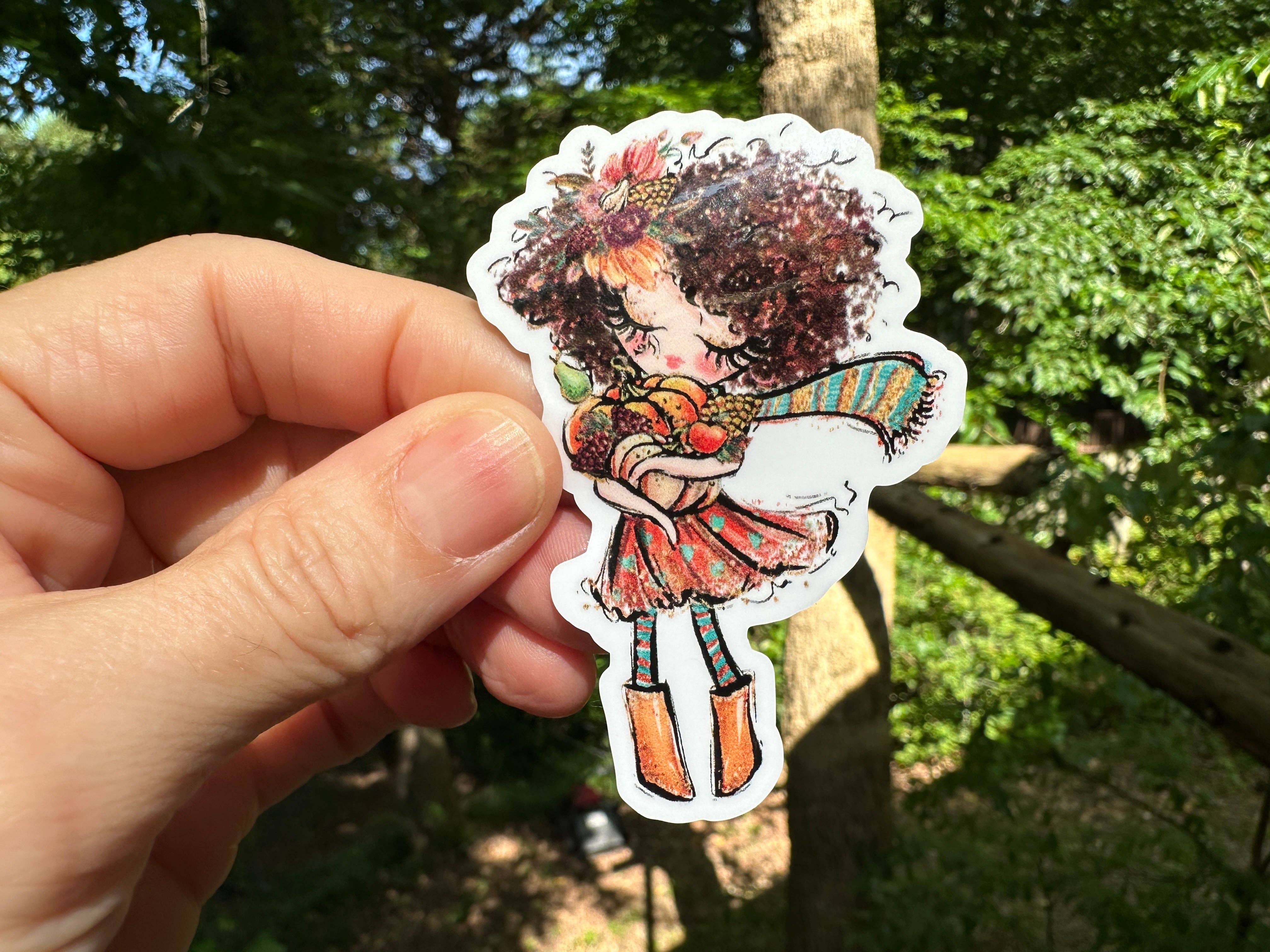 My Vinyl Cut - Wholesale  - Sticker 28A Fall Market Girl with Brown Curly Hair0