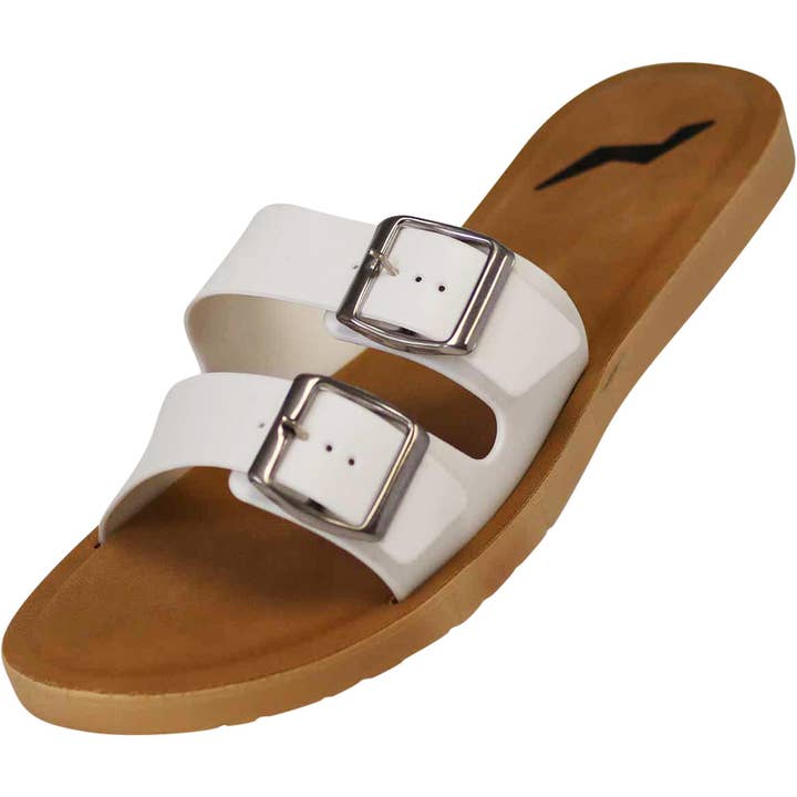 Norty Women's Sizes 5-10 White 2 Buckle Slide 10001 Prepack for wholesale by The Norty Brand
