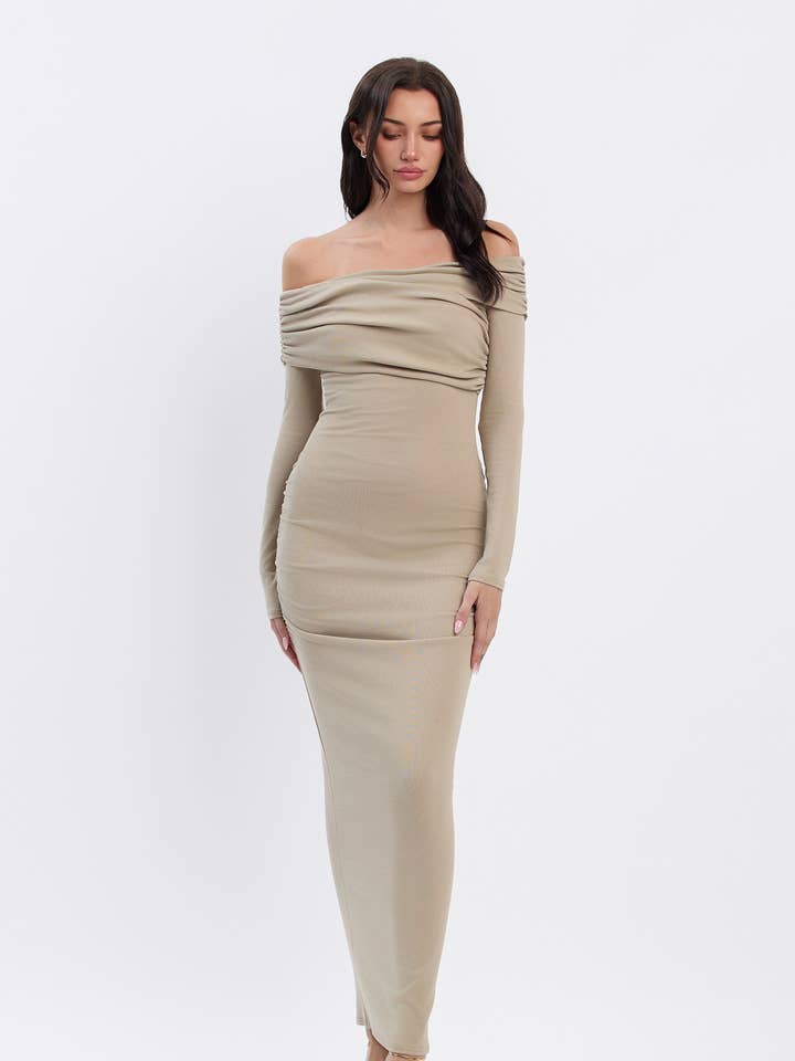 No Vacancy - Wholesale Dress - Women's - Ruched long sleeve bardot neckline maxi dress