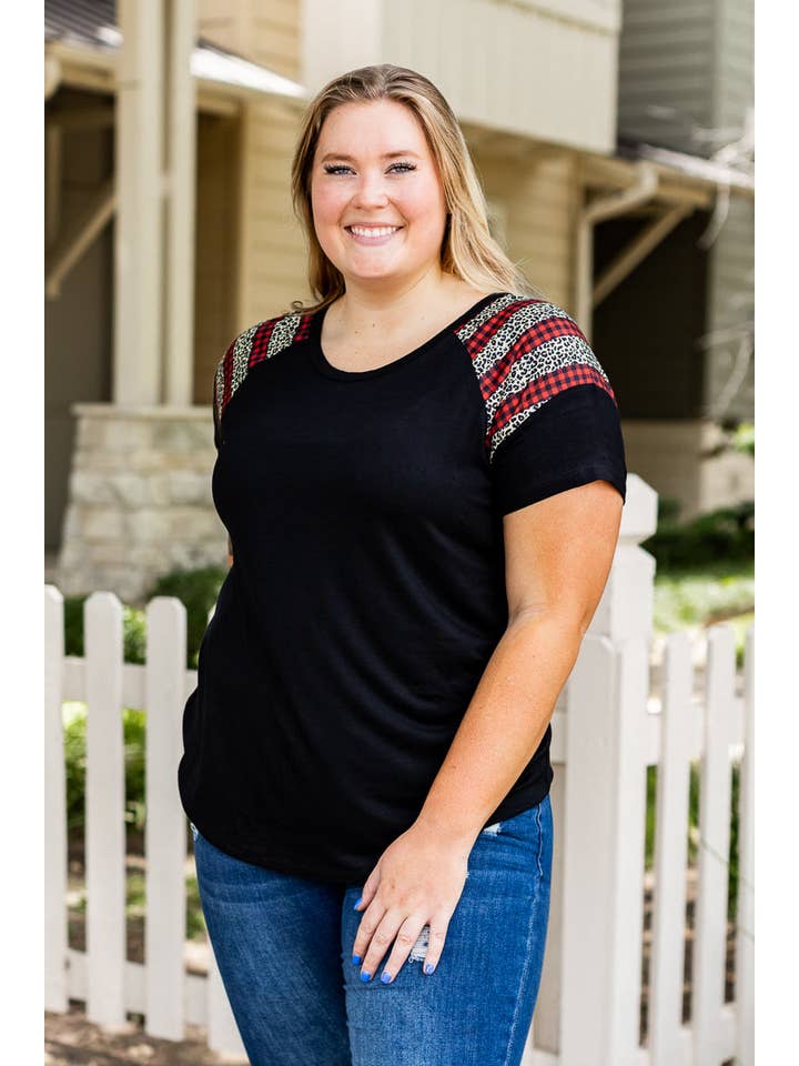 Mix Pattern You Can't Sleeve Me Alone Black Short Sleeves T-Shirt with Leopard and Red Checkers for wholesale on Faire