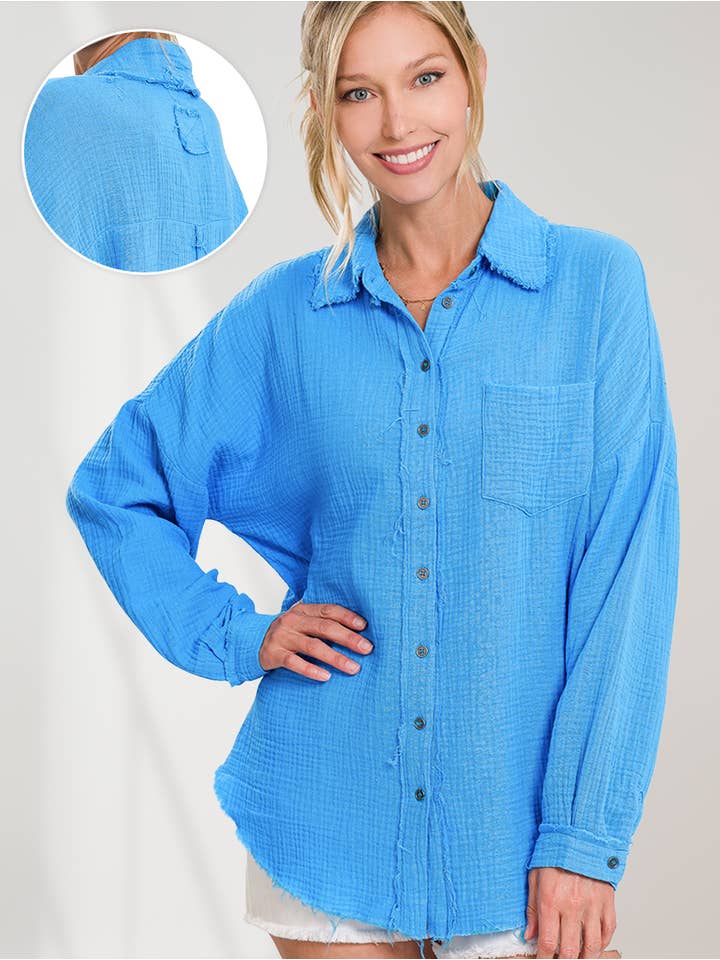 42POPS - Wholesale Button Down Shirt - Women's - ,....SI-23630 Oversized Raw Edge Shirt W/ Back Patch