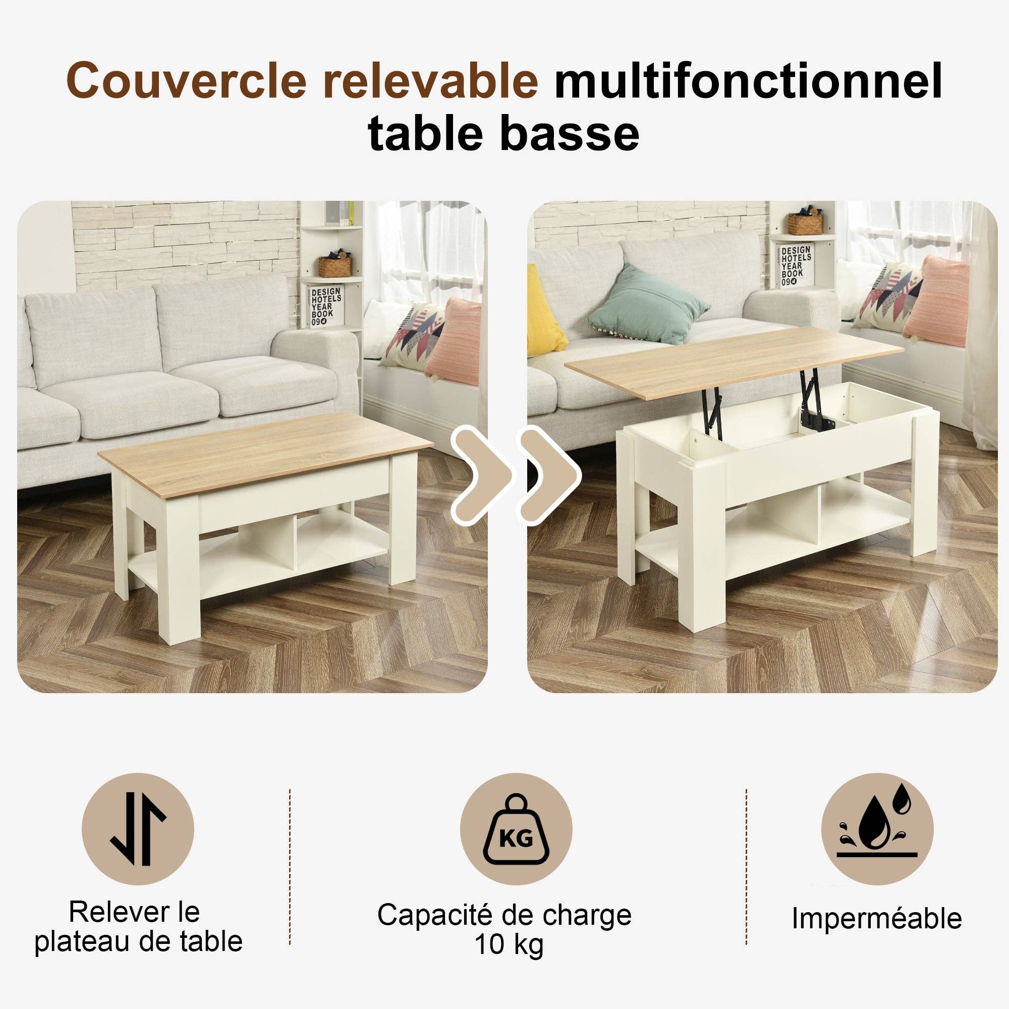 Urban Meuble - Wholesale Side Table - Lift-top coffee table with wood effect and white 96*50 ELOT WHITE OAK 9611