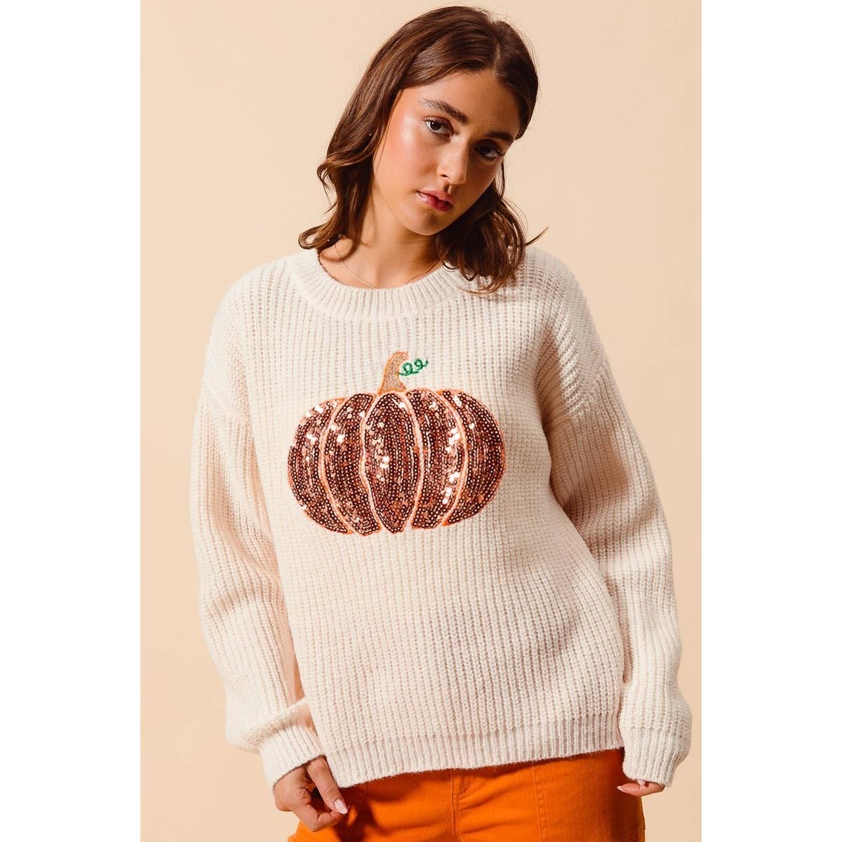 OATMEAL Sequin Pumpkin Halloween Thanksgiving Sweater Top for wholesale on Faire1