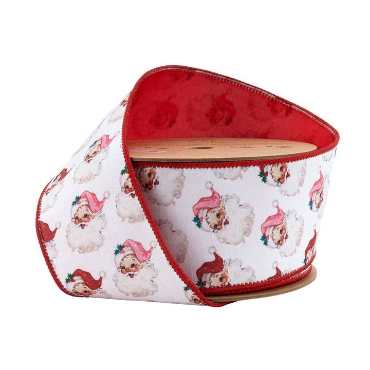 6,35 cm Drahtgebundene Wende-Dupioni | Weihnachtsmann-Gesicht mit rosa und rotem Hintergrund | 9,14 Meter Rolle für den Großhandel von LA Ribbons Wholesale