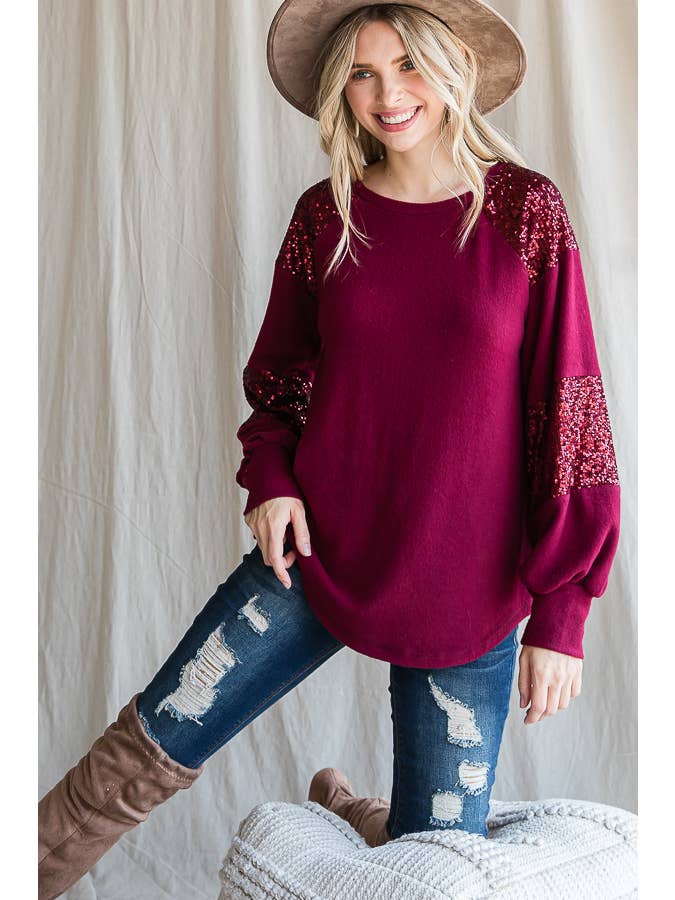 7th Ray - Wholesale Knit Top - Women's - Women's Casual Brush Knit Top with Sequin Contrast T4399