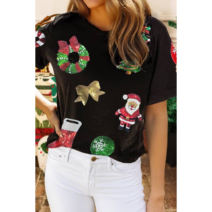 T-shirt à col rond graphique avec sequins essentiels de Noël pour la vente par fashionworks