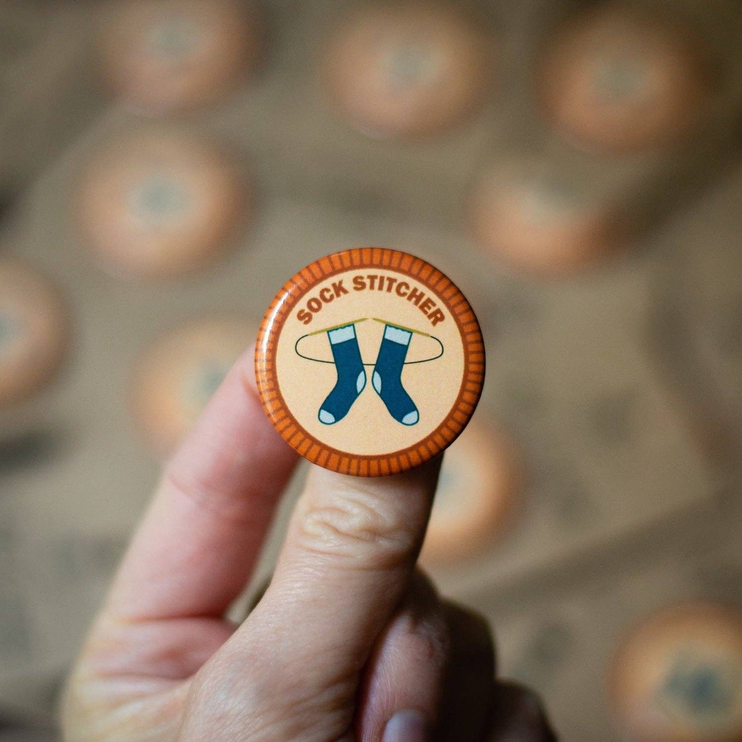 Camp Stitchwood - Wholesale Lapel Pin/Button - Sock Stitcher Knitting Merit Badge1