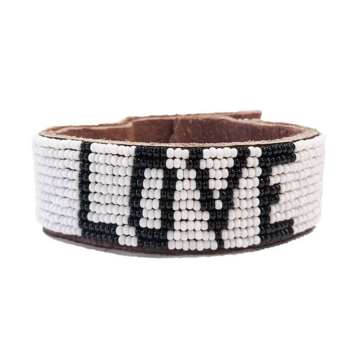 Swahili Coast - Wholesale Bangle Bracelet - Medium Love Beaded Leather Cuff - White - Affirmations0