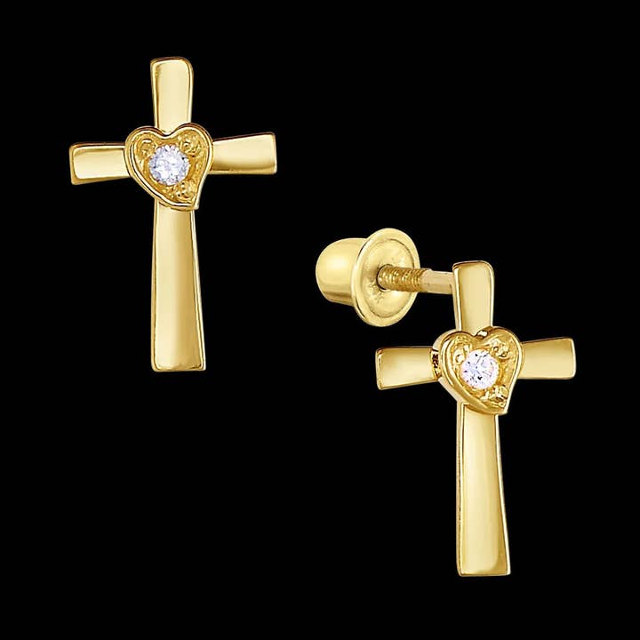 14k Yellow Gold CZ Cross & Heart Stud Earring for wholesale by Paris Jewelry