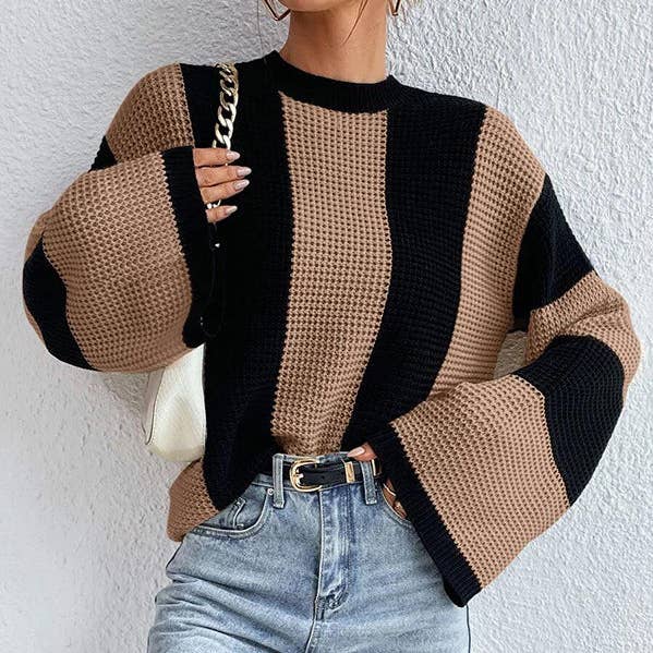 Flared Sleeves Long Sleeves Contrast Color Round-Neck Knitwear Pullovers Sweater Tops for wholesale by ShieldChic