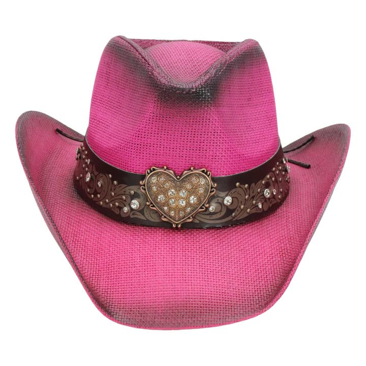 Cap Zone - Wholesale Cowboy Hat - Unisex - Heart Bling Rhinestone Belt Ombre Straw Cowboy Hat7