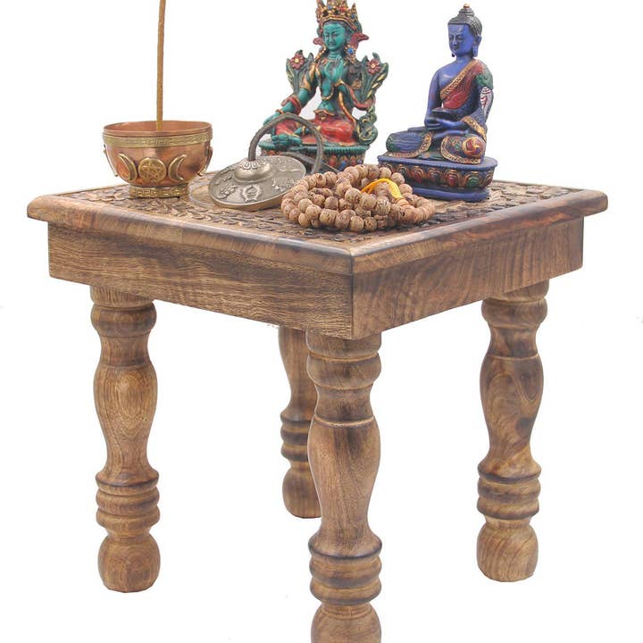 Lungta Imports - Wholesale Vase - Solid Mango Wood Hand Carved Prayer Puja Shrine Altar Meditation Table Yin Yang1