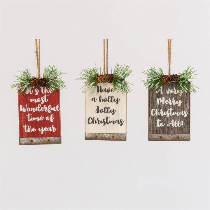Gerson 5"H Wooden Holiday Sign Ornament w/ Pine & Pinecone A for wholesale by The Gerson Companies