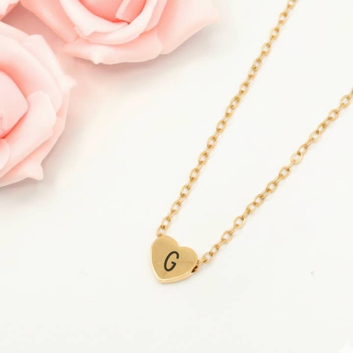 Custom Engraved Dainty Heart Charm Gold or Silver Necklace for wholesale by Lilly Belle Paperie
