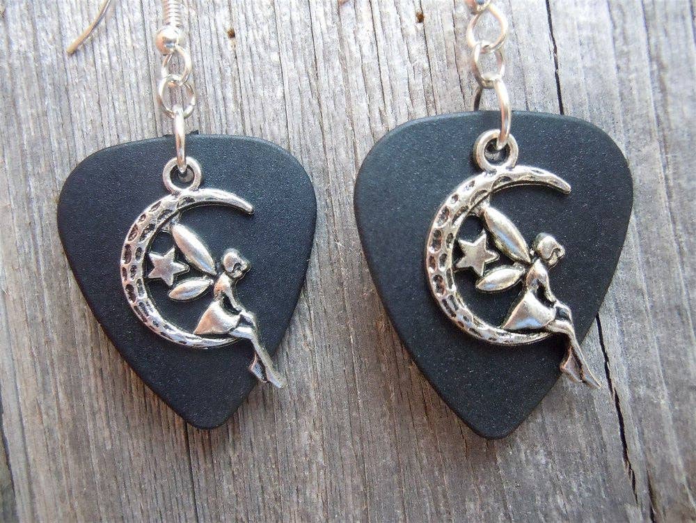 Simply Raevyn - Wholesale Dangle Earrings - Fairy on the Half Moon Charm Guitar Pick Earrings22