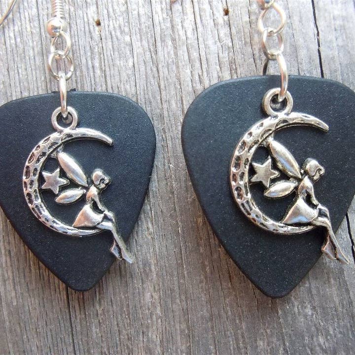 Simply Raevyn - Wholesale Dangle Earrings - Fairy on the Half Moon Charm Guitar Pick Earrings22