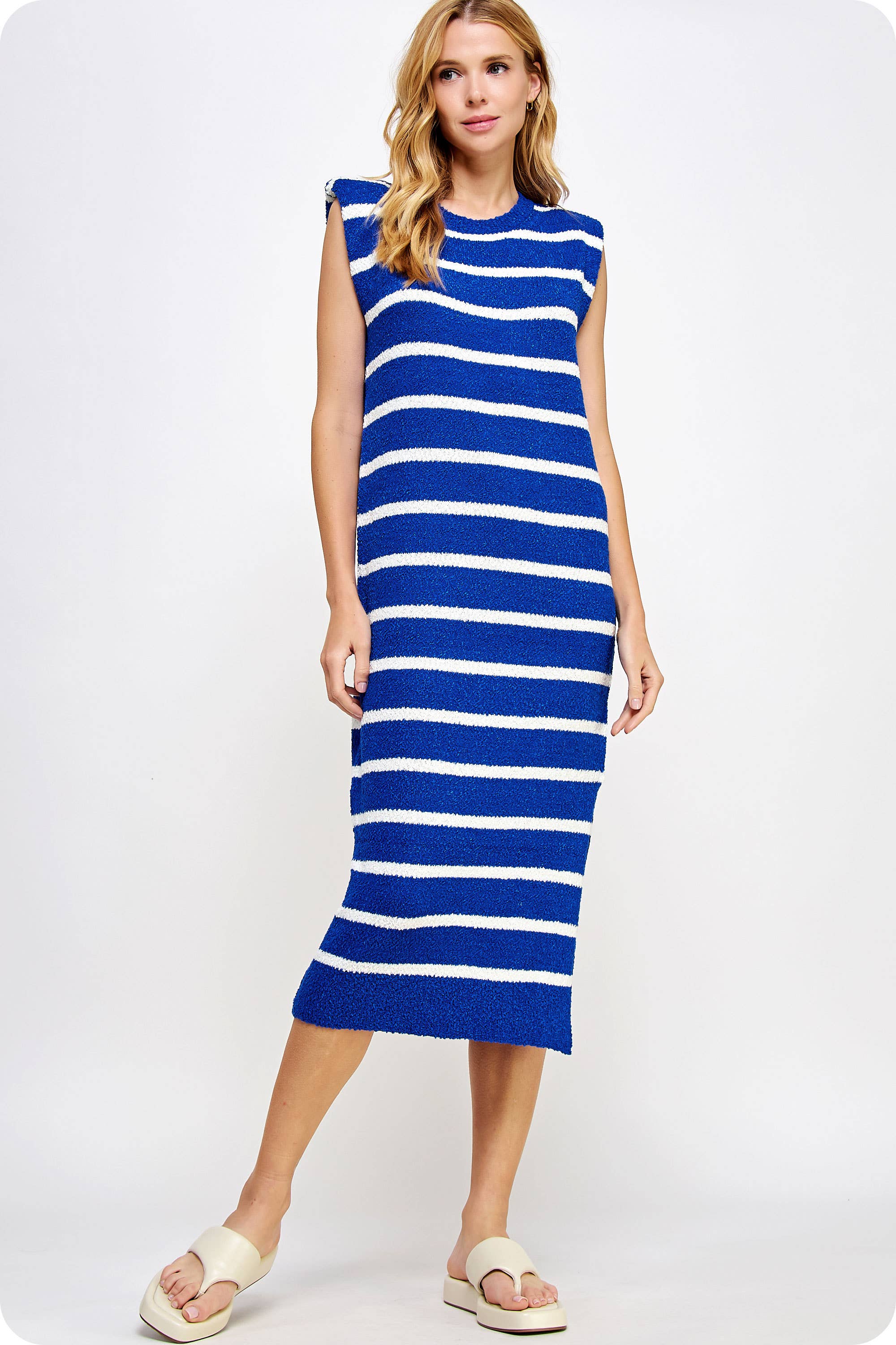 Strut & Bolt - Wholesale Dress - Women's - Shoulder Pad Sleeveless Textured Striped Knit Dress