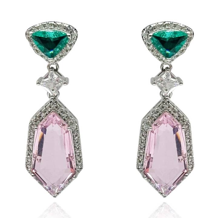 Leonie Emerald And Pink Cubic Zirconium Drop Earrings for wholesale by Michael Nash Jewelry