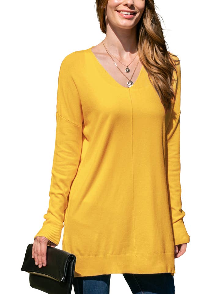 NINEXIS - Wholesale Tunic Sweater - Women's - CWOSWL1826_V NECK LOOSE FIT TUNIC LENGTH SOFT SWEATER TOP