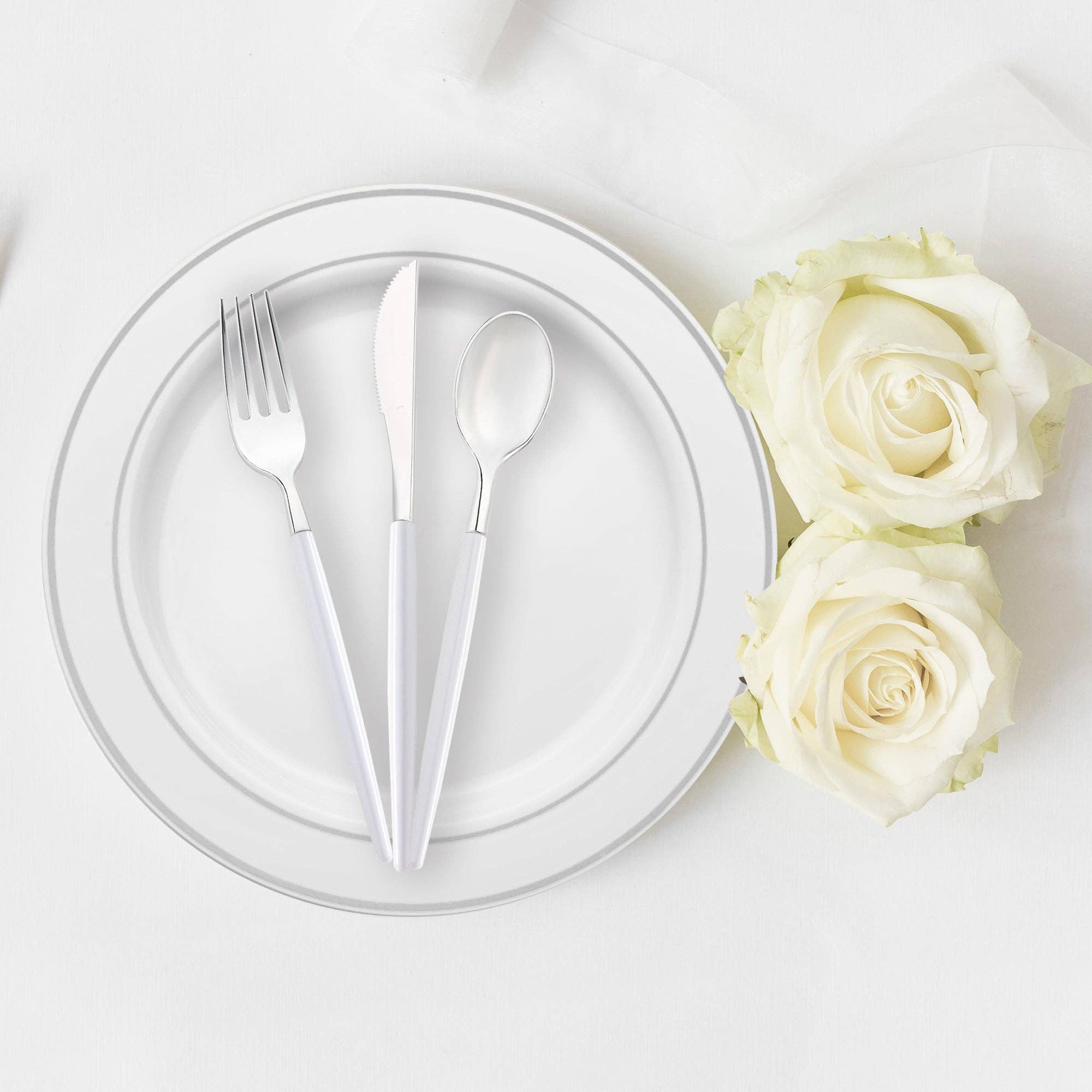 Smarty had a Party – wholesale Blandat bestickset – Silverfärgad plastbestick med vitt handtag - 240 gäster7