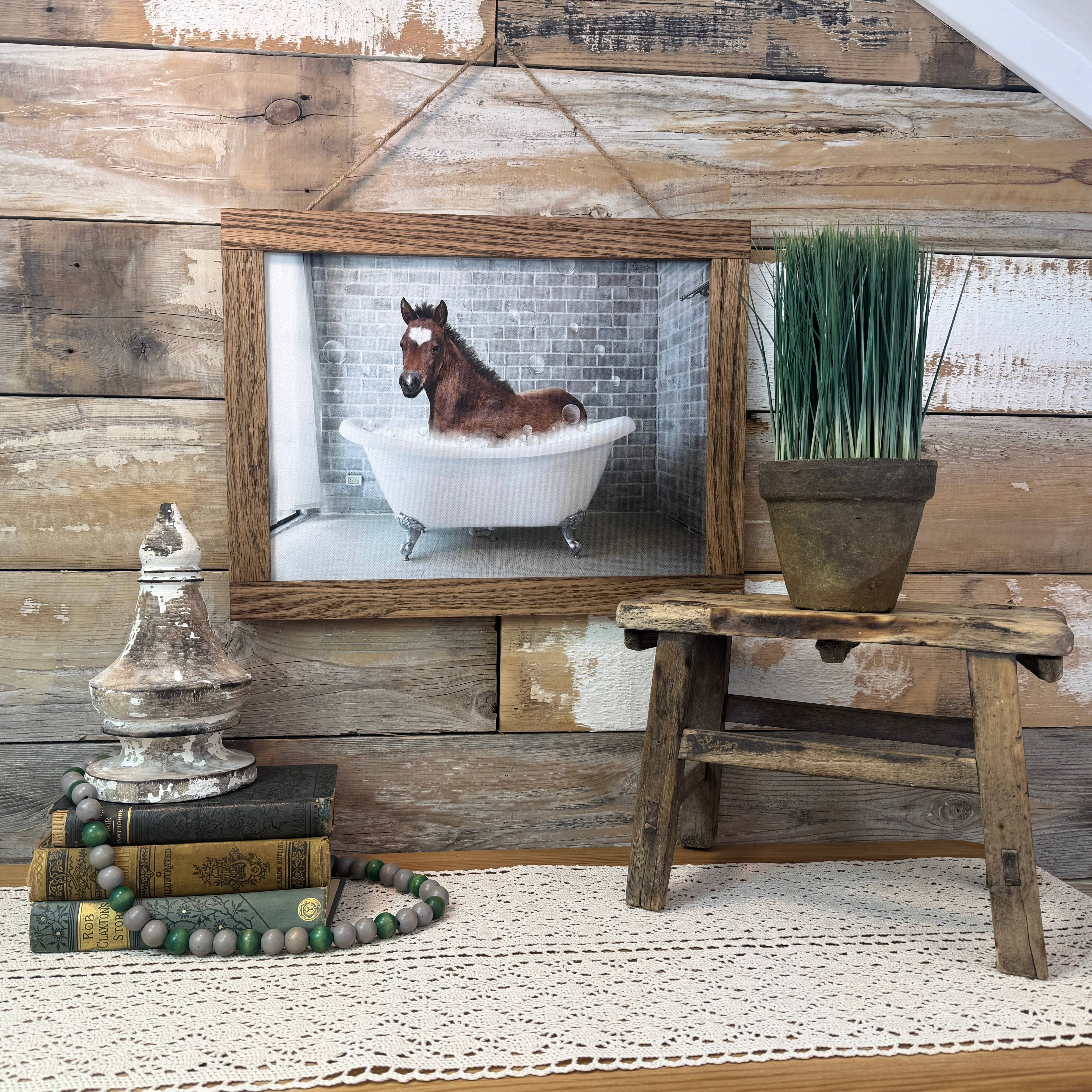 Hangout Home - Wholesale Bathroom Sign - Horse in Bathtub Funny Bathroom Wood Sign Framed2