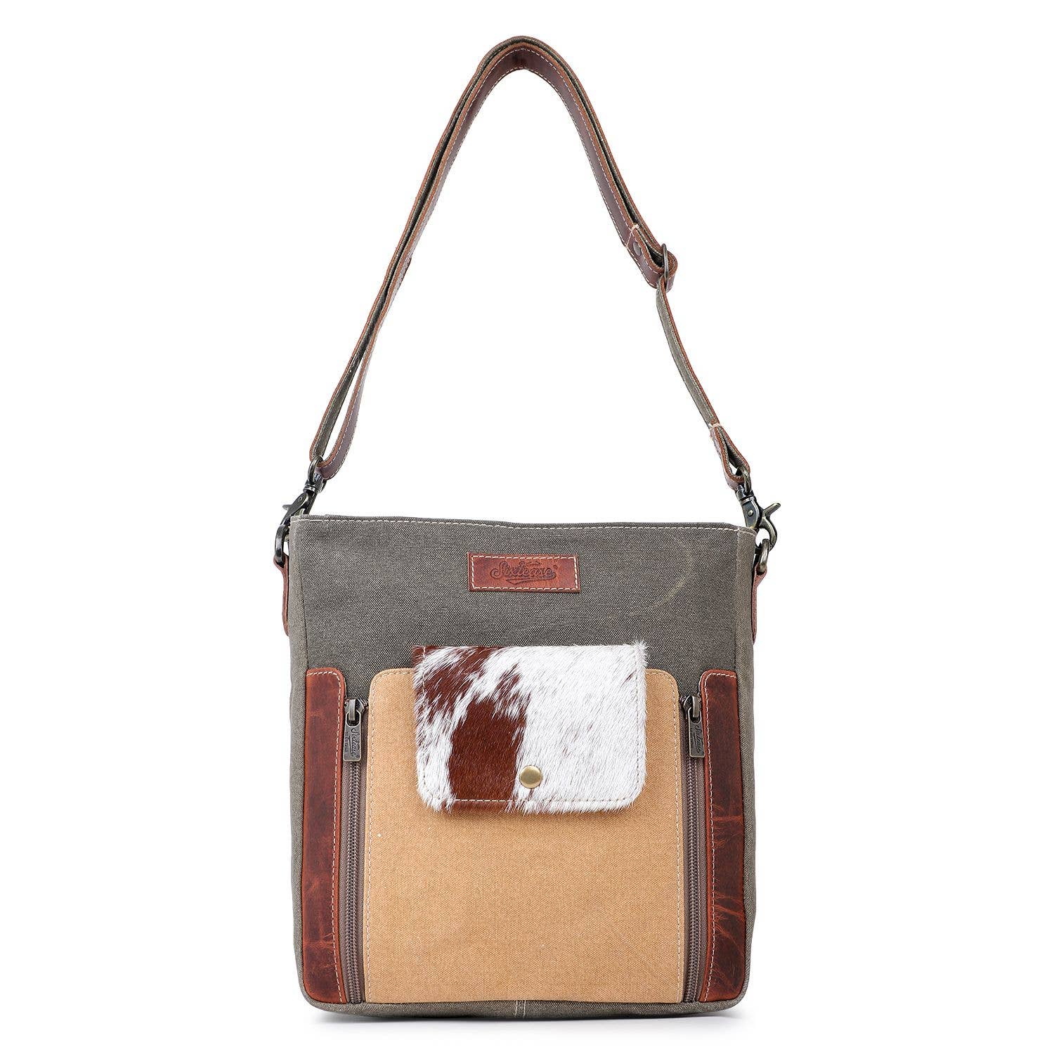 Sixtease Bags USA - Wholesale Crossbody Bag - Women's - Canvas Cowhide & Leather Women Crossbody - Buff/Walnut Brown0