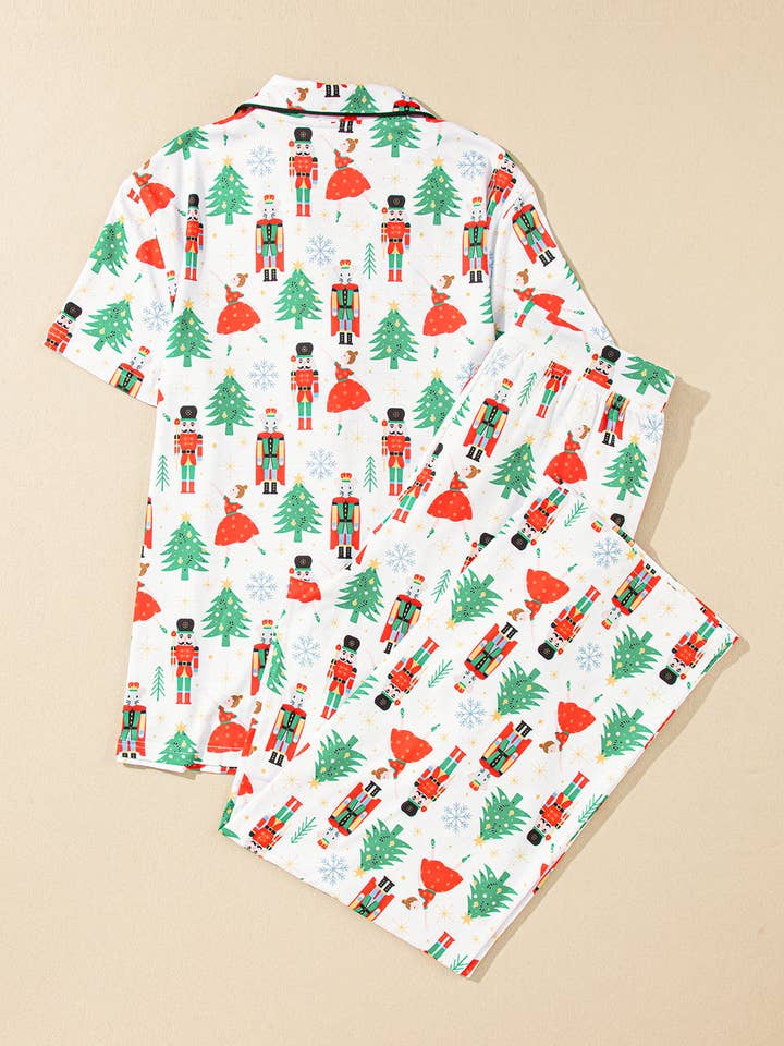 White Printed FB Christmas Trees & Nutcracker Buttoned Pajama Set for wholesale on Faire1