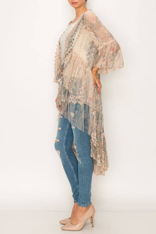 PT Turq Multi Ethereal Lace Tiered High-Low Kimono Cardigan - 4508 TAUPE/TURQ for wholesale on Faire2