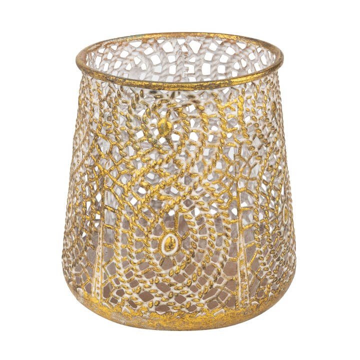 A58462: Filigree metal votive holder w/ glass insert,weave for wholesale by Silver Tree Home & Holiday