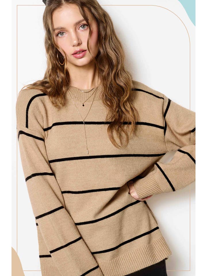 La Miel - Wholesale Knit Sweater - Women's - HCS3553-Loose Fit Stripe Long Sleeve Crewneck Sweater