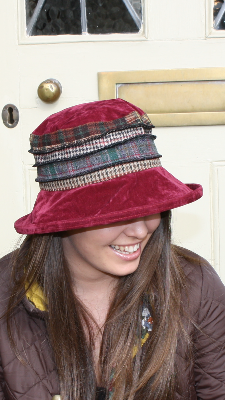 Peak & Brim Hats - Wholesale Cloche Hat - Women's - Fun Striped Jade Tweed Fall Hat for Ladies in Burgundy Red4