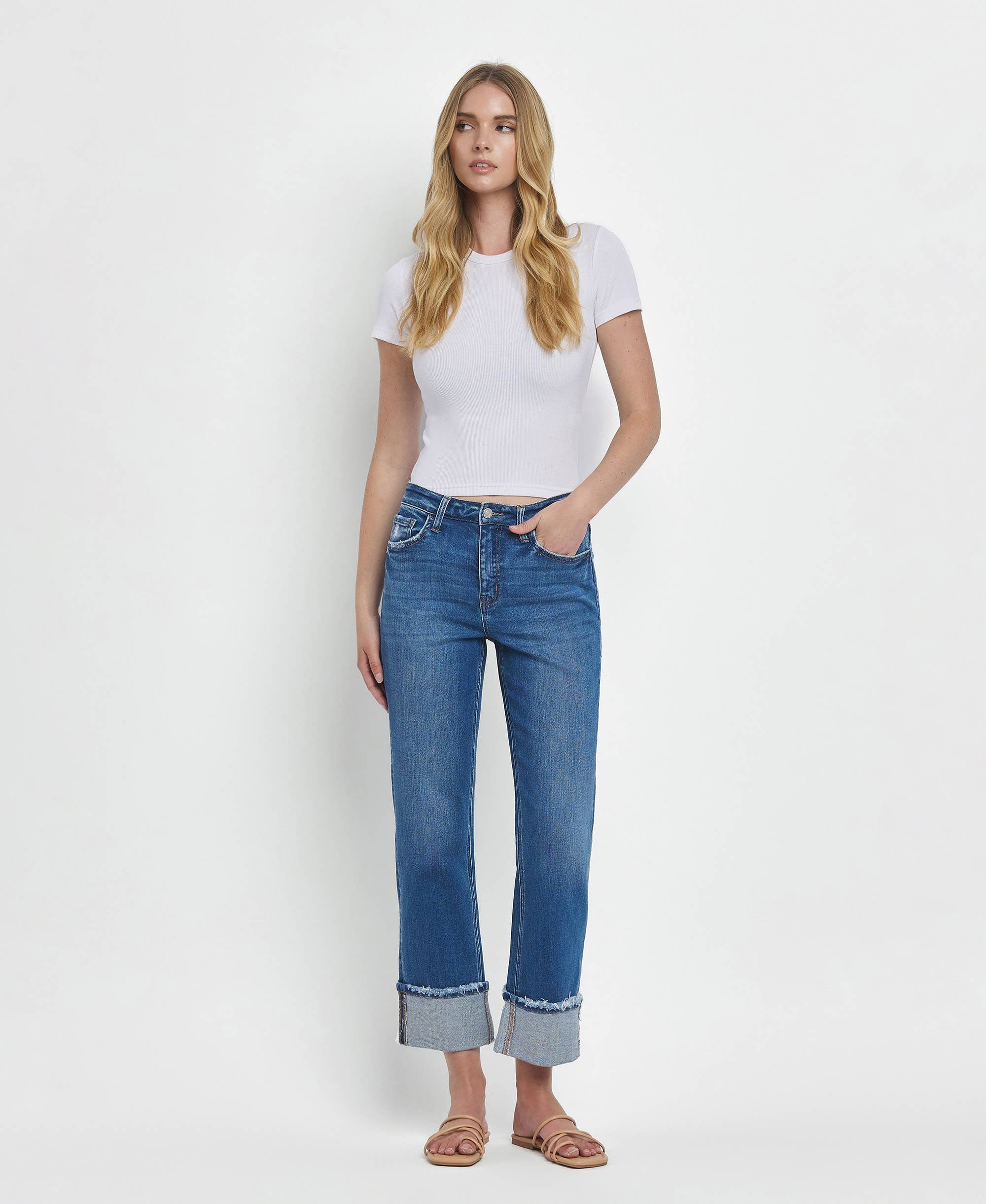 DAPHNE HIGH RISE CUFFED STRAIGHT JEANS T6600 for wholesale on Faire4