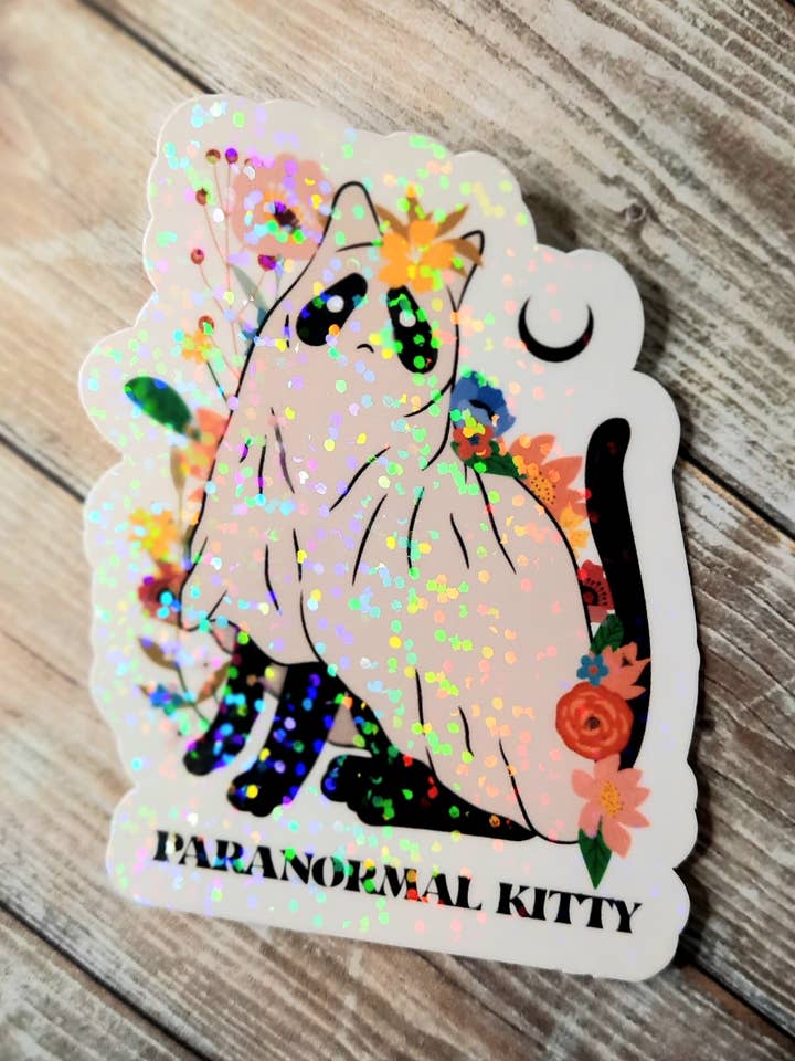 Paranormal Kitty Sticker, Ghost Black Cat Vinyl Sticker for wholesale by Unsupervised Art