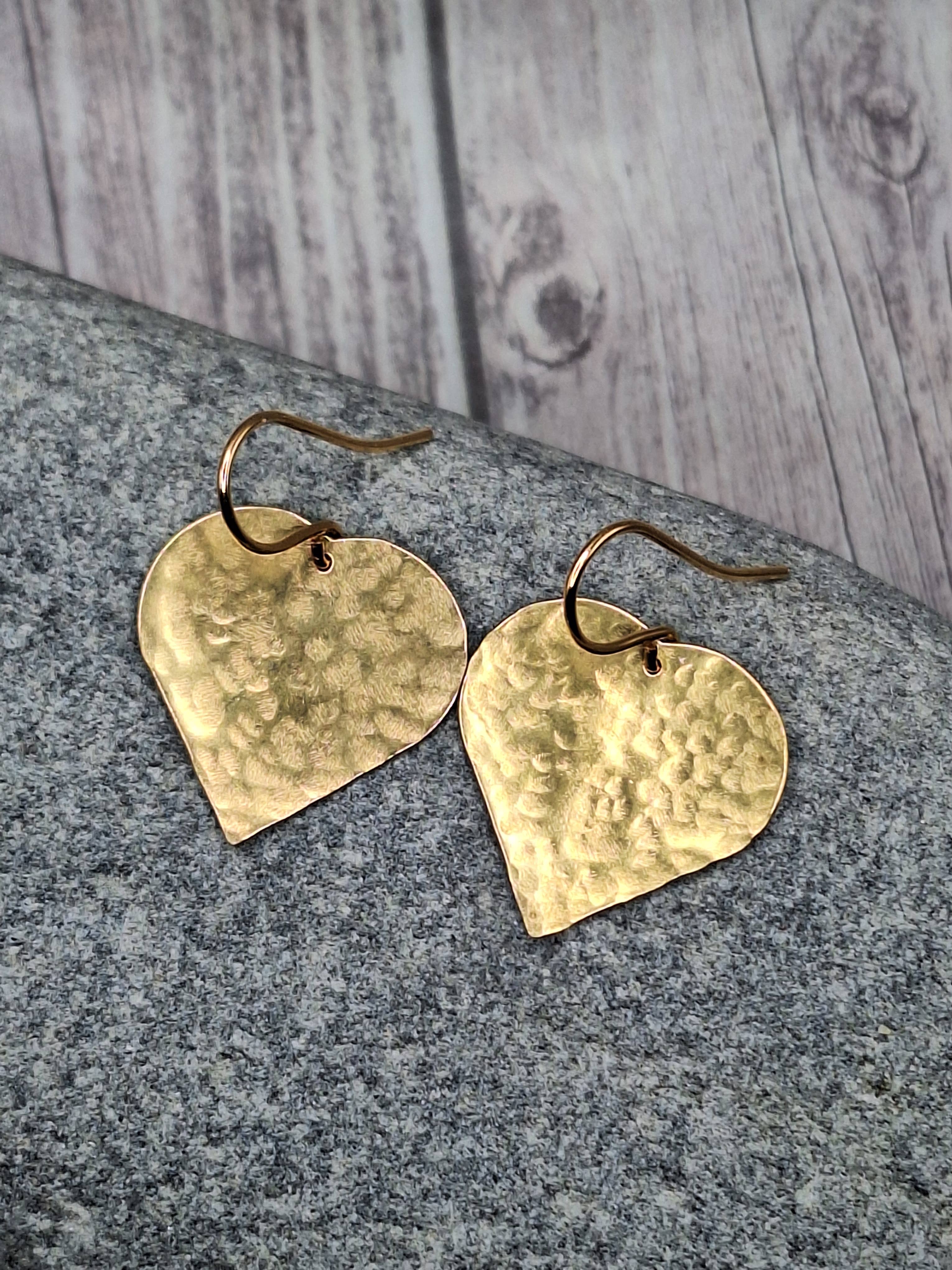 Harper House Studio - Wholesale Dangle Earrings - Rustic Heart Earrings in Hammered Brass – Artisan Boho Style3