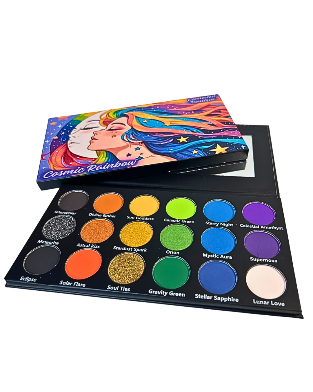 Connected Boutique - Wholesale Eyeshadow Palette - Cosmic Rainbow 18‑Shade Eyeshadow Palette – Celestial Hues & Glitter1
