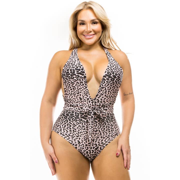 PLUS SIZE LEOPARD DEEP V NECK WRAP AROUND ONE PIECE SWIMSUIT for wholesale by Curve Market