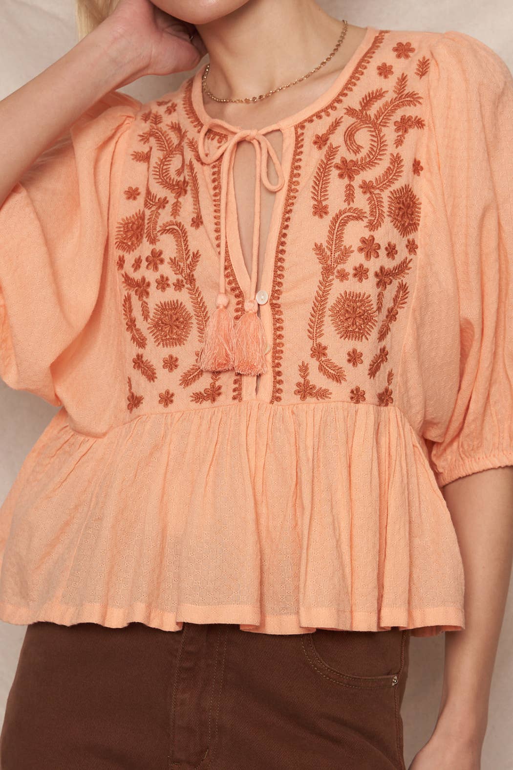 En Crème - Wholesale Blouse - Women's - Puff Sleeve Peplum Top with Embroidery Detail20