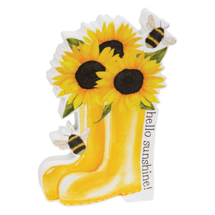 Hello Sunshine Sunflower Boots & Bees Chunky Sitter for wholesale by The Hearthside Collection