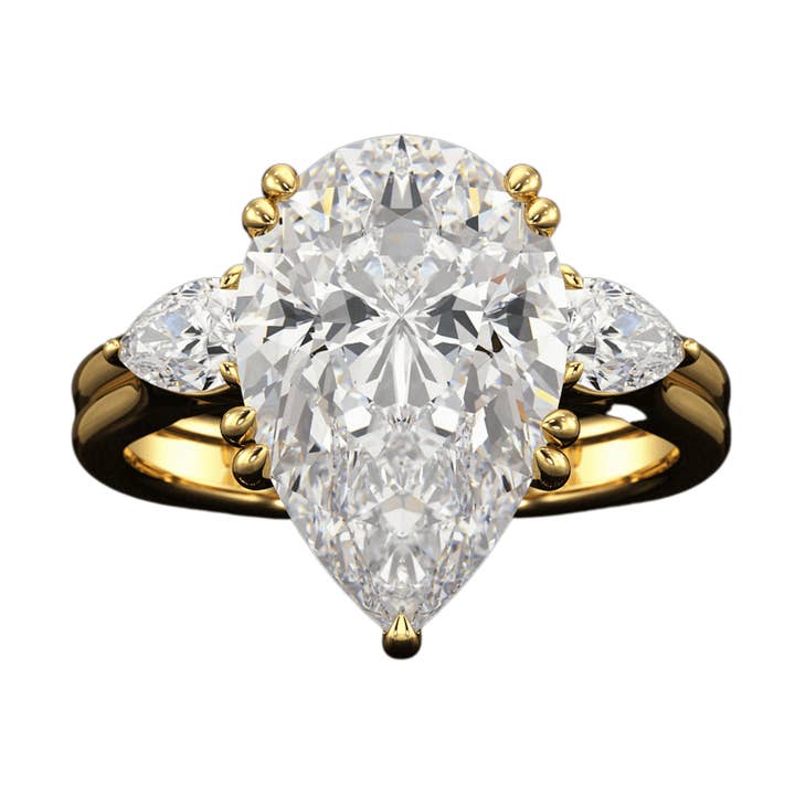 7 karaat peergeslepen diamanten drie-stenen ring met accent peerdiamanten voor wholesale door Evara Jewelry